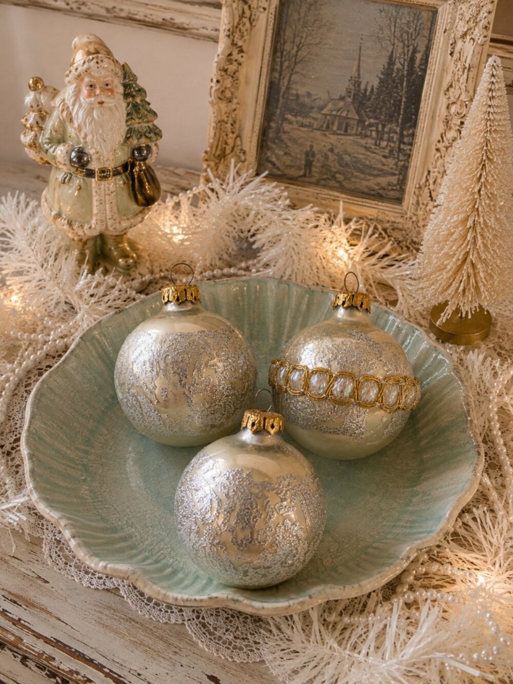 Vintage Rauch Victoria Collection Glass Christmas Ornaments Silver Ivory Set of